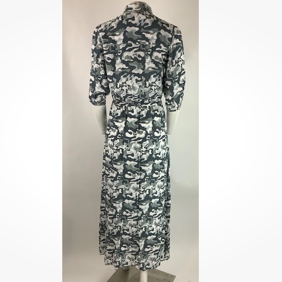 Skemo Sz S Boho Camo Print Beaded Maxi Tunic Dress Gray White Rayon Buttoned - Picture 5 of 7